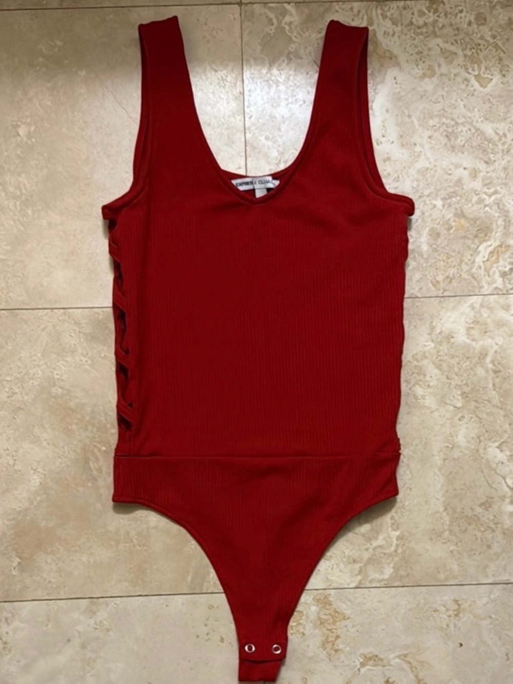 Express x Olivia Culpo Red Ribbed Lace Up Side Bodysuit Small NWOT